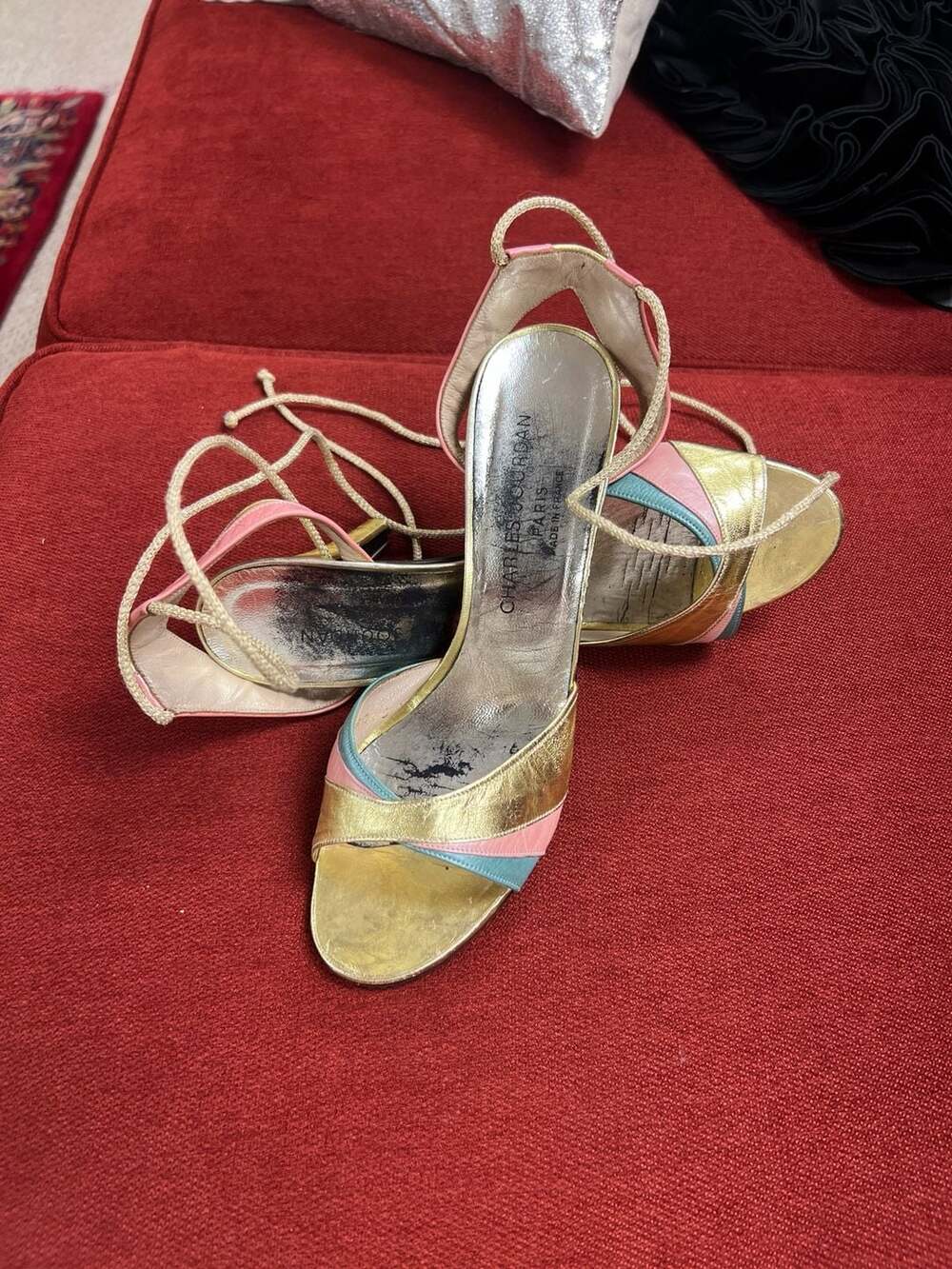 Charles Jourdan Paris Vintage Metallic Colorblock Lace-Up Sandals